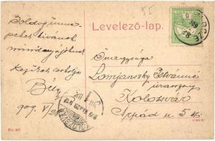 Beszterce, Bistritz, Bistrita; Ungargasse / Magyar utca, üzletek, Evangélikus templom. W. L. (?) No....