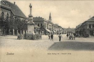 Zombor, Sombor; Szent György tér, Kossuth utca, piaci árusok / square, street view, market vendors (EK)
