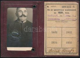 1931 Utazási igazolvány rendőri alkalmazottak számára. aranyozott bőr tokban
