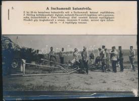 1914 Fischamendi repülőkatasztrófa. Korabeli sajtófotó hozzátűzött szöveggel, 12x16 cm / Fischamend plane and zeppelin accident. press photo, 12x16 cm