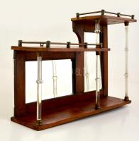 Tükrös fali polc, réz szerelékkel, sérült üveg oszlopokkal, 36×52×15 cm