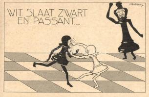 Wit slaat zwart en passant / Dutch chess art postcard, humor. s: J. Rotgans