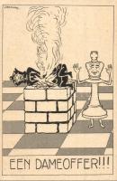 Een Dameoffer!!! / Dutch chess art postcard, humor. s: J. Rotgans (EK)
