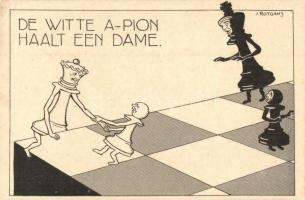 De witte a-pion haalt een dame / Dutch chess art postcard, humor. s: J. Rotgans (EK)