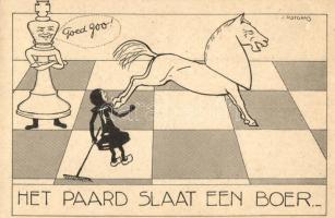Het paard slaat een boer / Dutch chess art postcard, humor. s: J. Rotgans