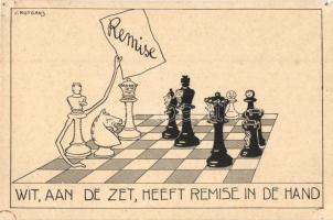 Wit, aan de zet, heeft remise in de hand / Dutch chess art postcard, humor. s: J. Rotgans (apró lyuk / tiny hole)