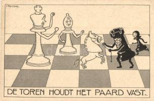 De toren houdt het paard vast / Dutch chess art postcard, humor. s: J. Rotgans (EK)
