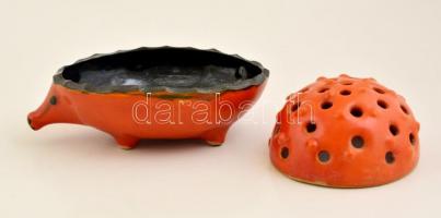 Tófej süni ikebana tál, mázas kerámia, jelzett, m: 10 cm