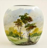 Dekoratív tájképes porcelán váza, kézzel festett, jelzett, apró kopásokkal, m: 19,5 cm