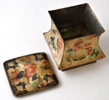 Régi festett pléh doboz, horpadással, m:14 cm