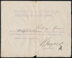 1919 Szocializált Színházak és Mulatók Biztosságának igazolása Kulinyi Ferenc részére, felmentési ügyben, pecséttel, hivatalvezetői aláírással.