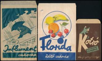 cca 1940 6 féle gyógyszertári gyógycukorka reklámos papírtasak és címke / pharmacy pills bags and labels