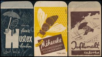 cca 1940 6 féle gyógyszertári gyógycukorka reklámos papírtasak és címke / pharmacy pills bags and la...