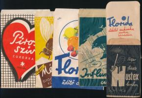 cca 1940 6 féle gyógyszertári gyógycukorka reklámos papírtasak és címke / pharmacy pills bags and labels