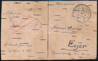 1943 Egyedi, nyirfakéregre írt és hazaküldött tábori posta levelezőlap az orosz frontról