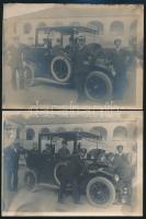 cca 1910-1920 Régi automobil sofőrökkel, 2 db fotó, foltos, sérült, 9×12 cm