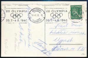 1940 Az elmaradt Helsinki olimpia alkalmi bélyegzésével ellátott képeslap hazaküldve
