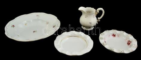 Zsolnay porcelán tétel, részben matricásak, jelzettek, kopásokkal: tányér, d: 24,5 cm, 2 db hamutartó, d: 15 cm, kiöntő, m: 10,5 cm