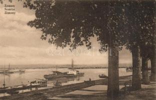 Zimony, Zemun, Semlin; kikötő hajókkal / port with ships