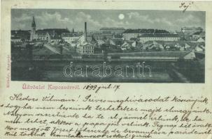 1899 Kaposvár, látkép, vagonok a vasúti síneken, templom. Kéthelyi kiadása (EK)