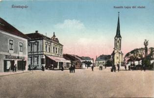 Érsekújvár, Nové Zámky; Kossuth Lajos tér, templom, Leuchter Izidor üzlete / square, church, shops