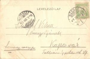 1905 Szeged, Tisza part, 637-es uszály, csónakok (gyűrődés / crease)