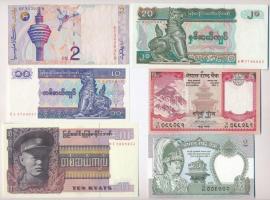 6db-os vegyes külföldi bankjegy tétel, közte Burma, Mianmar, Nepál T:I-III 6pcs of diff banknotes, including Burma, Myanmar, Nepal C:UNC-F