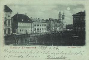 1899 Kolozsvár, Cluj; Külső Magyar utca este, Református templom, Reményi és Rákosy üzlete. Bizományi Antiquár és könyvkereskedés kiadása / street view with Calvinist church and shop at night (EK)