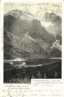 1903 Tátra, Tatry; Fehérpataki völgy, Zöld tó a Frigyes főherceg menházzal, Karbunkulustorony a ködben. Feitzinger Ede 514. 1902/12. / Der Grüner See mit d. Erzh. Friedr. Schutzhaus, Der Karfunkelthurm im Nebel / Dolina Bieleho Potoka, Zelené pleso, Jastrabia veza, Chata pri Zelenom plese / valley, lake, rest house, shelter hut, mountain peak in the mist (EK)