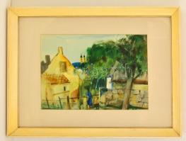 Szalóky Sándor (1921-1978): Kertek alatt. Akvarell, papír, jelzett, üvegezett keretben, 33×48 cm