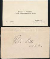 1965 Rátonyi Róbert (1923-1992) színművész üdvözlő sorai és aláírása névjegykártyáján, Pető László (1939- ) táncos, koreográfus részére megcímzett borítékban