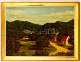 Szabó Lajos (1927-1995): Házak dombok között. Olaj, farost, jelzett, keretben, 50×70 cm
