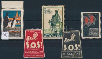 1912-1916 5 db klf régi levélzáró, közte Székesfővárosi állatkert ,,R, Hotel Hungaria
