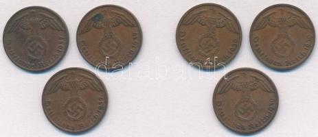 Német Harmadik Birodalom 1937A 1pf (3x) + 1939A 1pf (3x) T:2
German Third Reich 1937A 1 Pfennig (3x...