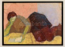 Szőnyi jelzéssel: Olvasó nő. Pasztell, szakadással, papír, üvegezett keretben, 42×58 cm