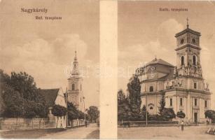 Nagykároly, Carei; Református templom, Római katolikus templom. Gál Samu kiadása / Calvinist church, Catholic church (EK)