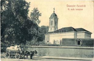 Facset, Facsád, Faget; Római katolikus templom, előtérben egy megpakolt lovaskocsi, szekér. W. L. Bp. 2073. Kiadja Klein Dávid / Catholic church, horse cart (EK)