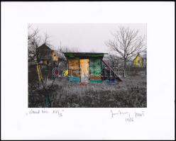 1986 Jankovszky György(1946-): Víkend ház XIV/B, feliratozva, aláírt, pecséttel jelzett, részben színezett, kartonra kasírozva, 12,5x17,5 cm