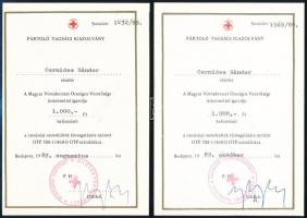 1989 a Magyar Vöröskereszt 2 db pártoló tagsági igazolványa és igazolása romániai menekültek pénzbeli támogatásáról