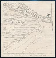 1862 Óbuda fametszetű térképének részlete Árpád feltételezett sírjának helyével, könyvrészlet, 13×12,5 cm