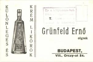 Grünfeld Ernő Különleges és krém likőrök, Budapest VIII. Orczy út 24. reklámlap / Hungarian liqueur advertisement from Budapest