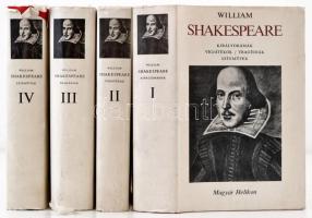 William Shakespeare: Shakespeare összes drámái I-IV. kötet. Bp.,1972, Magyar Helikon. Kiadói egészvászon-kötés, kiadói papír védőborítóban, az egyik védőborító széle szakadozott, egyébként jó állapotban.