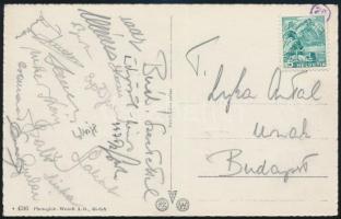 1947 A Ferencváros (Fradi) labdarúgócsapata tagjainak aláírásai Kocsis, Kéry, Mike, Gyulai, Szabó, Hegyes , Lyka és mások / Autograph signed postcard by the Ferencvaros football team
