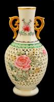 Jelzett kínai áttört váza, kézzel festett, jelzett, hibátlan, m: 16 cm
