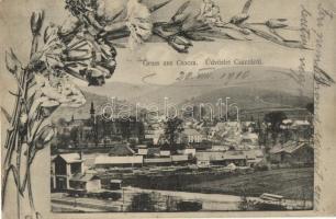 1910 Csaca, Cadca, Caca; Fűrészgyár ipari vasúti sínekkel, S. Lustig virágos montázslap / sawmill with industrial railway. floral montage (EK)