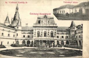 1910 Komját, Komjatice; Báró Wodianer kastély, Turcsányi utca, üzlet / castle, shop, street (EB)