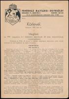 1943 Fehérház Bajtársi Egyesület körlevele + levele