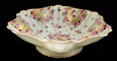 Virágmintás gyümölcsös tál, kézzel festett, jelzés nélkül, kopásnyomokkal, 22×22×7 cm