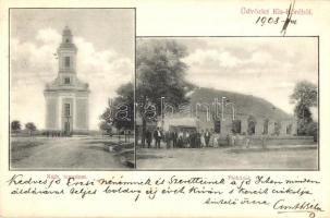 1908 Kisköre, Kis-Köre; Katolikus templom, plébánia + 1907 Kisújszállás-Kis-Terenye vonat pecsét, mozgóposta