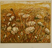Somlai Vilma (1938-2007): Virágos domb, színes linó, papír, jelzett, 30×35 cm